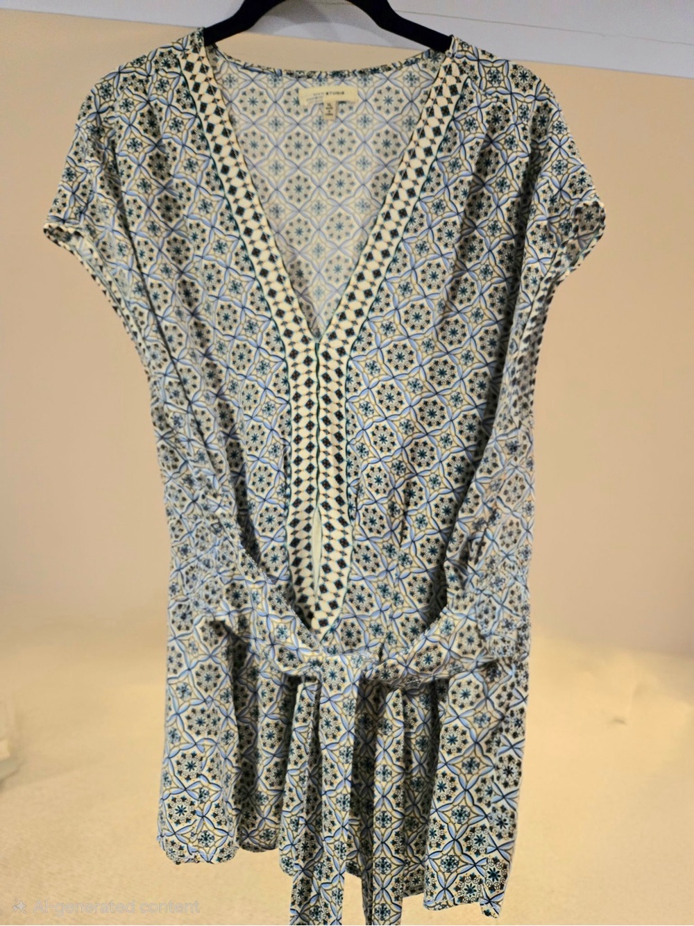 Max Studio Blue & White Printed Tie-Front Top